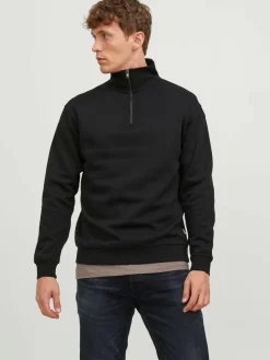JACK & JONES Bradley sweat half zip regular fit, heren schipperstrui katoenmengsel met opstaande boord, zwart