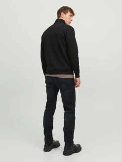 JACK & JONES Bradley sweat half zip regular fit, heren schipperstrui katoenmengsel met opstaande boord, zwart