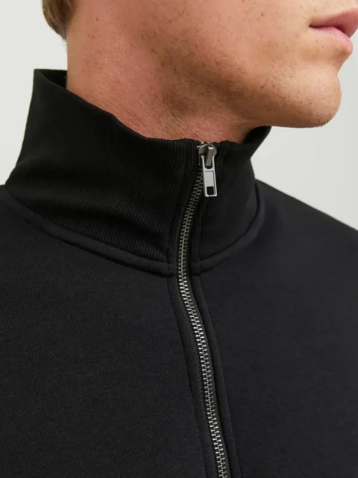 JACK & JONES Bradley sweat half zip regular fit, heren schipperstrui katoenmengsel met opstaande boord, zwart