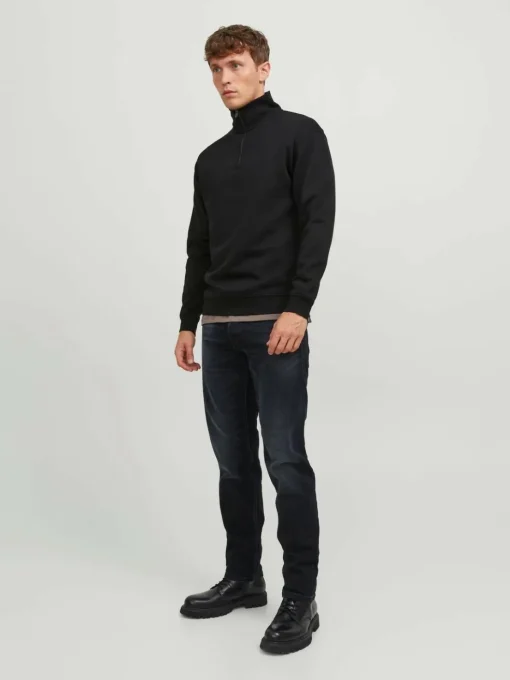 JACK & JONES Bradley sweat half zip regular fit, heren schipperstrui katoenmengsel met opstaande boord, zwart