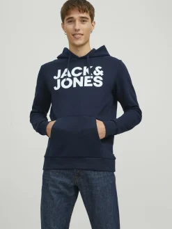 JACK & JONES Corp logo sweat hood regular fit, heren hoodie katoenmengsel met capuchon, blauw grote print