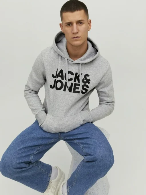 JACK & JONES Corp logo sweat hood regular fit, heren hoodie katoenmengsel met capuchon, lichtgrijs melange grote print
