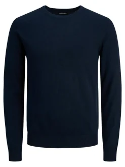 JACK & JONES Emil knit crew neck slim fit, heren pullover viscosemengsel met O-hals, blauw