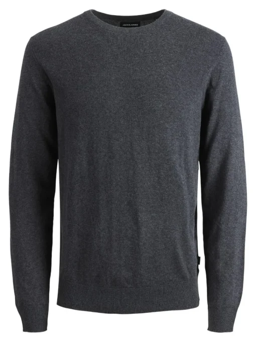JACK & JONES Emil knit crew neck slim fit, heren pullover viscosemengsel met O-hals, donkergrijs melange