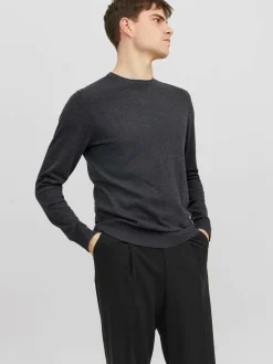 JACK & JONES Emil knit crew neck slim fit, heren pullover viscosemengsel met O-hals, donkergrijs melange