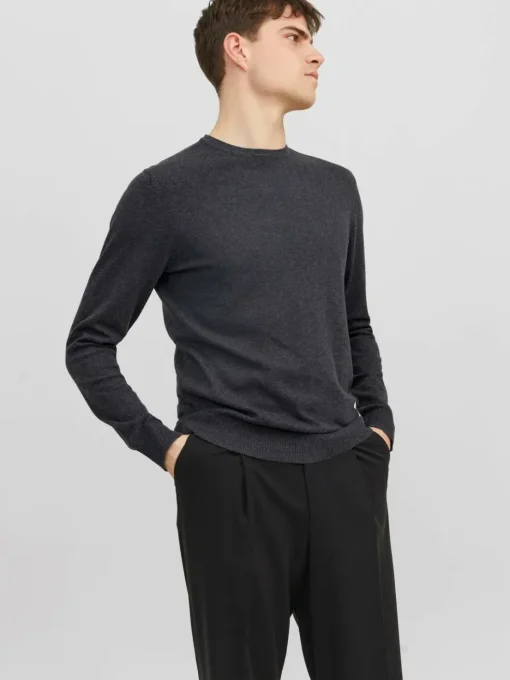 JACK & JONES Emil knit crew neck slim fit, heren pullover viscosemengsel met O-hals, donkergrijs melange
