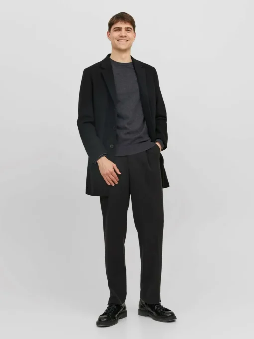 JACK & JONES Emil knit crew neck slim fit, heren pullover viscosemengsel met O-hals, donkergrijs melange