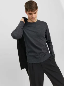 JACK & JONES Emil knit crew neck slim fit, heren pullover viscosemengsel met O-hals, donkergrijs melange