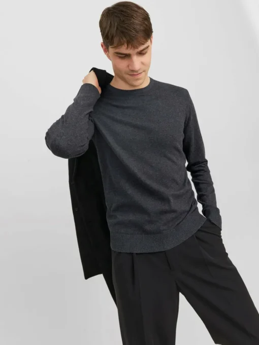 JACK & JONES Emil knit crew neck slim fit, heren pullover viscosemengsel met O-hals, donkergrijs melange
