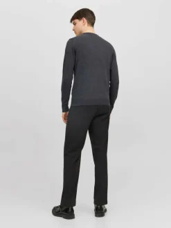 JACK & JONES Emil knit crew neck slim fit, heren pullover viscosemengsel met O-hals, donkergrijs melange