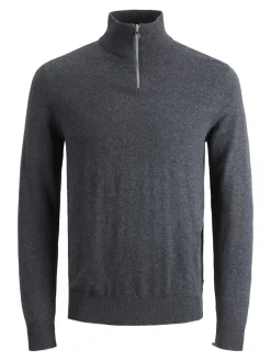 JACK & JONES Emil knit half zip slim fit, heren schipperstrui viscosemengsel met opstaande boord, donkergrijs melange