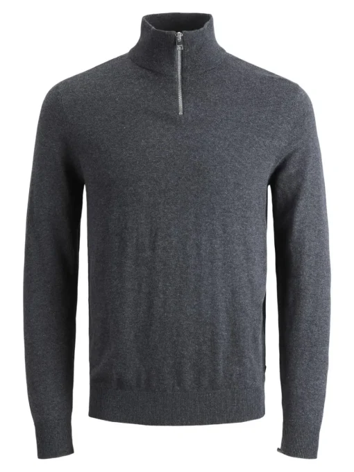 JACK & JONES Emil knit half zip slim fit, heren schipperstrui viscosemengsel met opstaande boord, donkergrijs melange