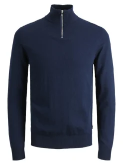 JACK & JONES Emil knit half zip slim fit, heren schipperstrui viscosemengsel met opstaande boord, blauw