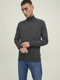 JACK & JONES Emil knit half zip slim fit, heren schipperstrui viscosemengsel met opstaande boord, donkergrijs melange