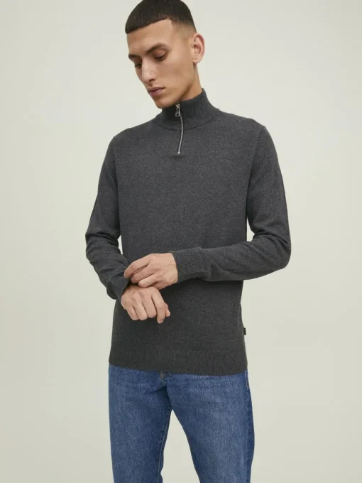 JACK & JONES Emil knit half zip slim fit, heren schipperstrui viscosemengsel met opstaande boord, donkergrijs melange