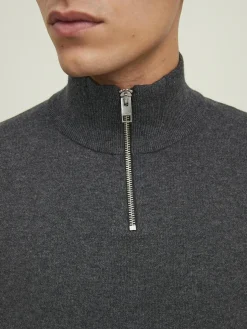 JACK & JONES Emil knit half zip slim fit, heren schipperstrui viscosemengsel met opstaande boord, donkergrijs melange