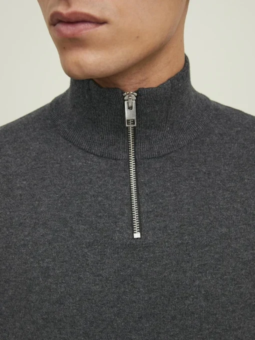 JACK & JONES Emil knit half zip slim fit, heren schipperstrui viscosemengsel met opstaande boord, donkergrijs melange