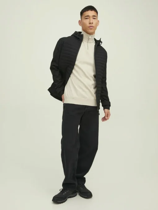 JACK & JONES Emil knit half zip slim fit, heren schipperstrui viscosemengsel met opstaande boord, beige melange