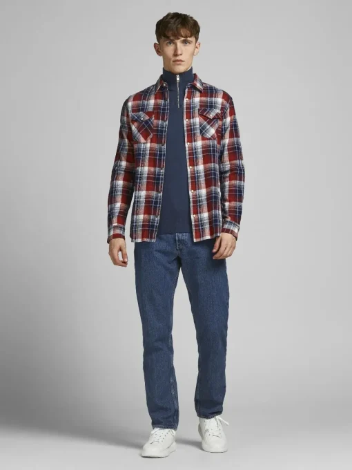 JACK & JONES Emil knit half zip slim fit, heren schipperstrui viscosemengsel met opstaande boord, blauw