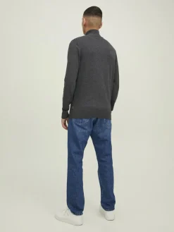 JACK & JONES Emil knit half zip slim fit, heren schipperstrui viscosemengsel met opstaande boord, donkergrijs melange