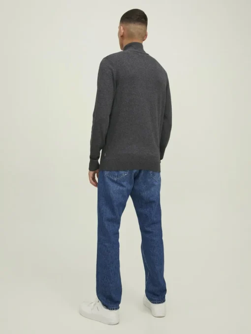 JACK & JONES Emil knit half zip slim fit, heren schipperstrui viscosemengsel met opstaande boord, donkergrijs melange