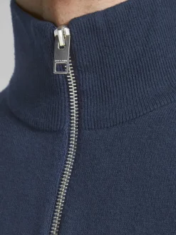 JACK & JONES Emil knit half zip slim fit, heren schipperstrui viscosemengsel met opstaande boord, blauw