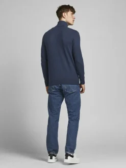 JACK & JONES Emil knit half zip slim fit, heren schipperstrui viscosemengsel met opstaande boord, blauw