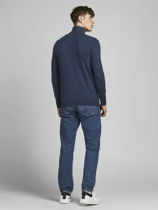 JACK & JONES Emil knit half zip slim fit, heren schipperstrui viscosemengsel met opstaande boord, blauw