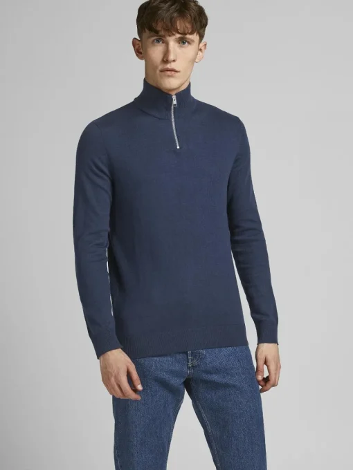 JACK & JONES Emil knit half zip slim fit, heren schipperstrui viscosemengsel met opstaande boord, blauw