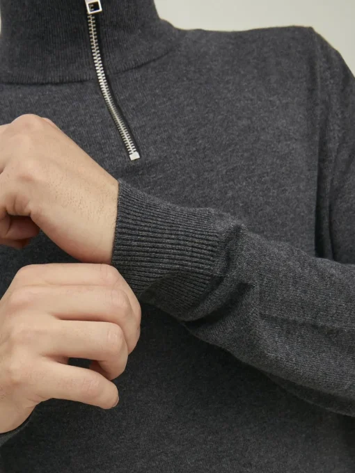 JACK & JONES Emil knit half zip slim fit, heren schipperstrui viscosemengsel met opstaande boord, donkergrijs melange
