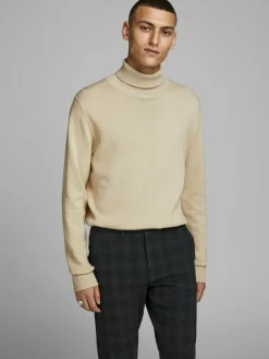 JACK & JONES Emil knit roll neck slim fit, heren pullover viscosemengsel met col, beige melange