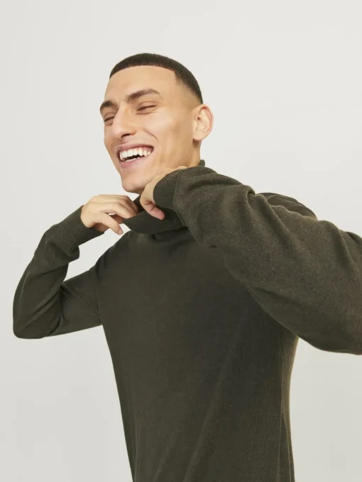JACK & JONES Emil knit roll neck slim fit, heren pullover viscosemengsel met col, groen melange