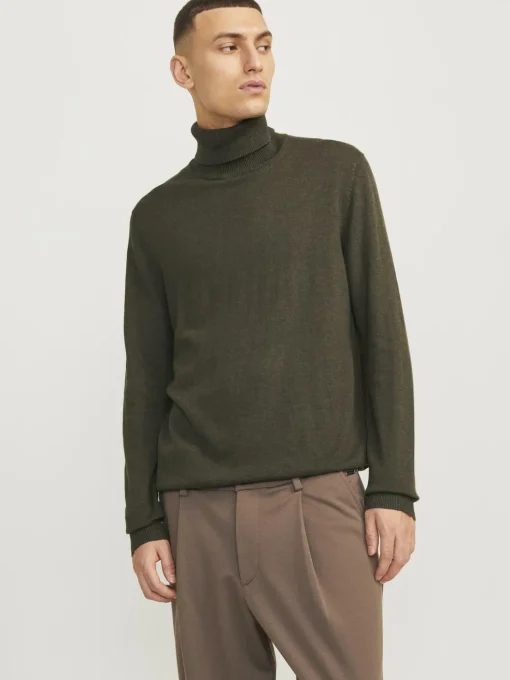 JACK & JONES Emil knit roll neck slim fit, heren pullover viscosemengsel met col, groen melange