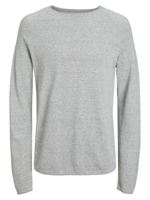 JACK & JONES Hill knit crew neck slim fit, heren pullover katoen met O-hals, lichtgrijs melange