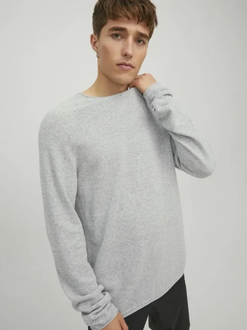 JACK & JONES Hill knit crew neck slim fit, heren pullover katoen met O-hals, lichtgrijs melange