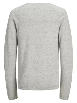JACK & JONES Hill knit crew neck slim fit, heren pullover katoen met O-hals, lichtgrijs melange