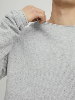 JACK & JONES Hill knit crew neck slim fit, heren pullover katoen met O-hals, lichtgrijs melange