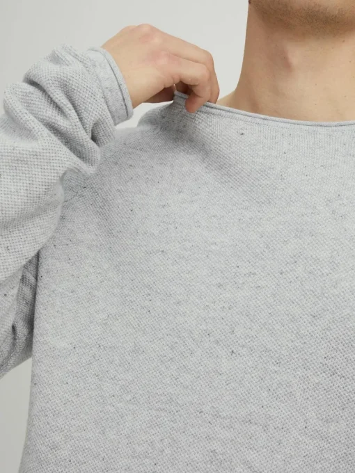 JACK & JONES Hill knit crew neck slim fit, heren pullover katoen met O-hals, lichtgrijs melange