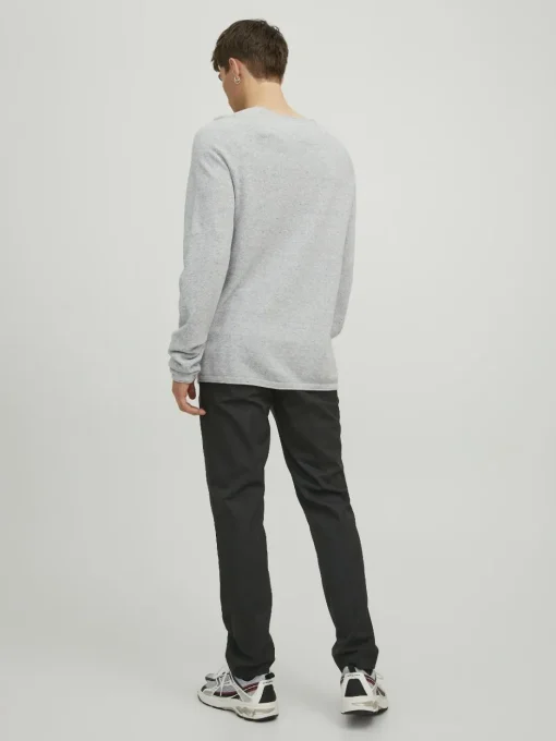 JACK & JONES Hill knit crew neck slim fit, heren pullover katoen met O-hals, lichtgrijs melange