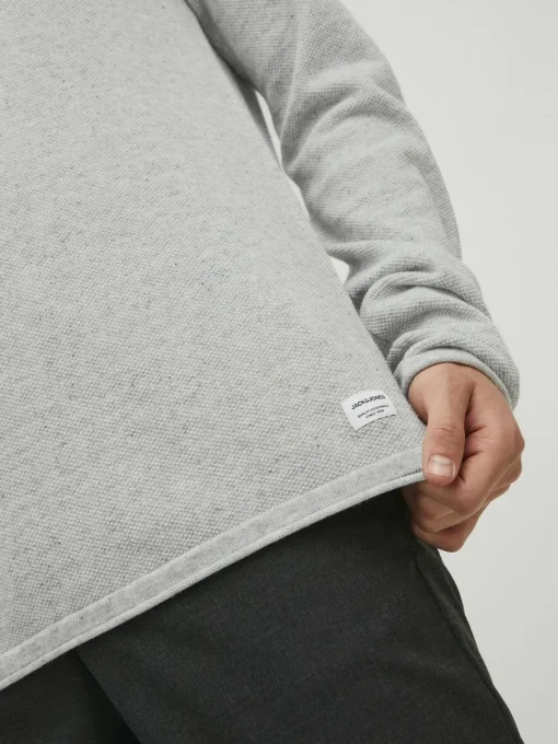 JACK & JONES Hill knit crew neck slim fit, heren pullover katoen met O-hals, lichtgrijs melange
