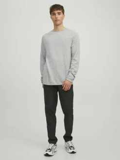 JACK & JONES Hill knit crew neck slim fit, heren pullover katoen met O-hals, lichtgrijs melange
