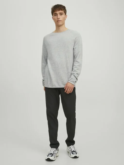 JACK & JONES Hill knit crew neck slim fit, heren pullover katoen met O-hals, lichtgrijs melange