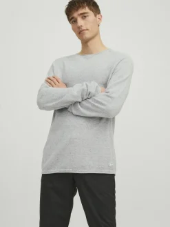 JACK & JONES Hill knit crew neck slim fit, heren pullover katoen met O-hals, lichtgrijs melange