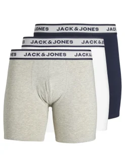 JACK & JONES Jacsolid boxer briefs (3-pack), heren boxers extra lang, lichtgrijs, wit en blauw
