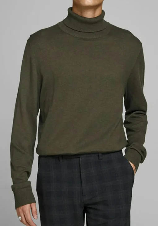 JACK & JONES slim fit coltrui katoen, olijfgroen
