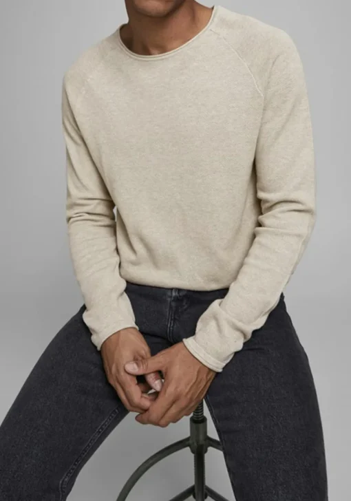 JACK & JONES slim fit trui katoen, O-hals, beige