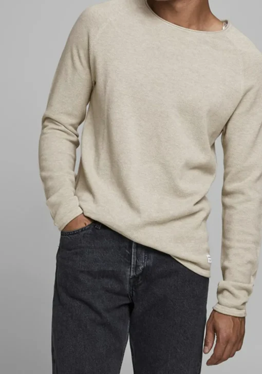 JACK & JONES slim fit trui katoen, O-hals, beige