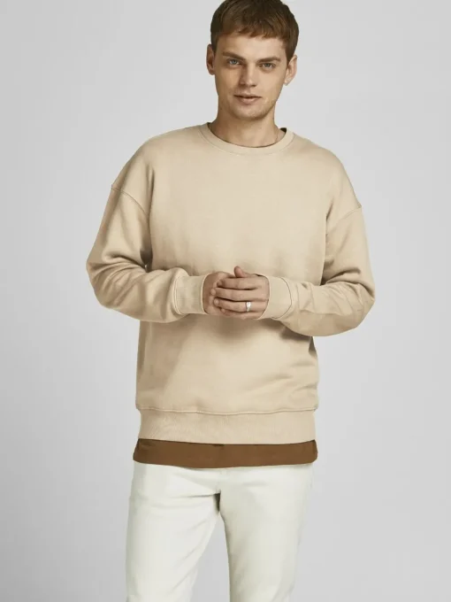 JACK & JONES Star basic sweat crew neck regular fit, heren sweatshirt katoenmengsel met O-hals, beige