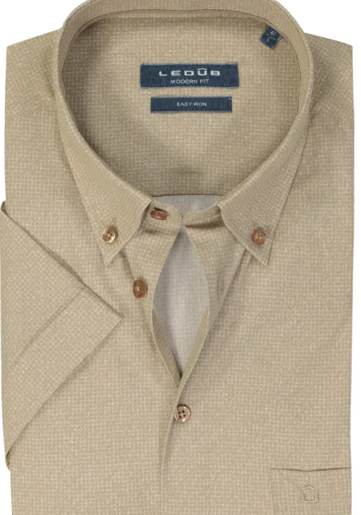 Ledub modern fit overhemd, korte mouw, beige mini dessin
