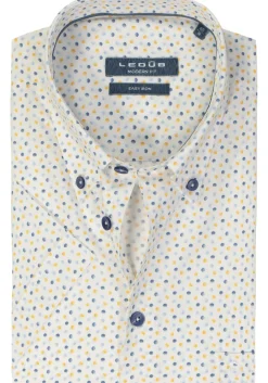 Ledub modern fit overhemd, korte mouw, wit met lichtgeel en blauw dessin